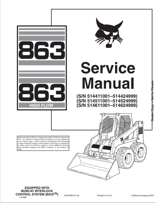 BOBCAT 863, 863 HIGH FLOW SERVICE MANUAL 6724799 PDF