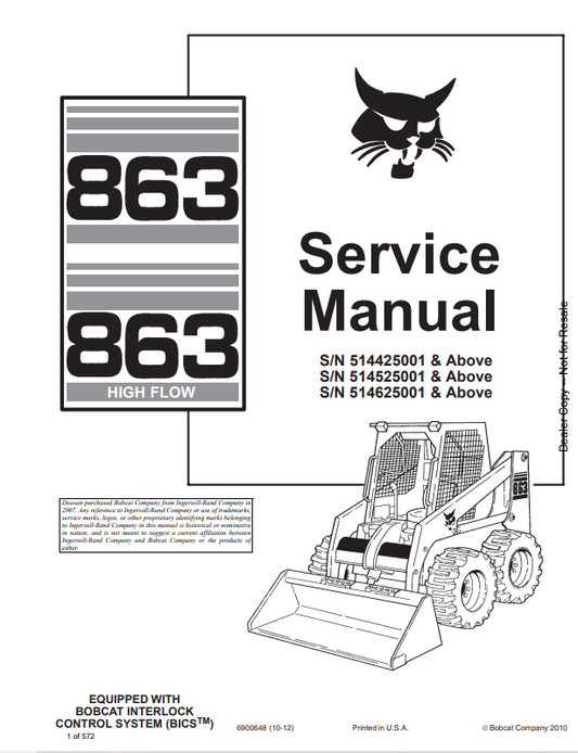 BOBCAT 863, 863 HIGH FLOW SERVICE MANUAL 6900648 PDF