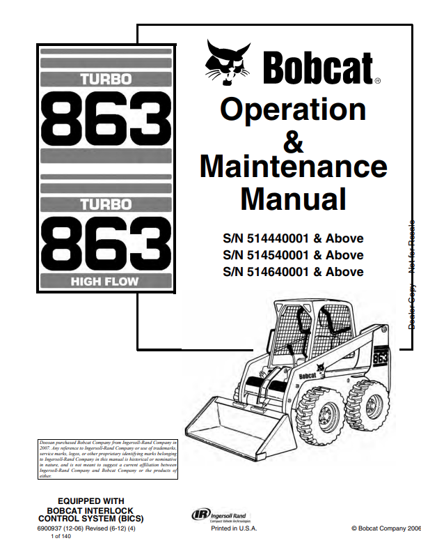 BOBCAT 863 TURBO, 863 TURBO HIGH FLOW OPERATION AND MAINTENANCE MANUAL 6900937 PDF