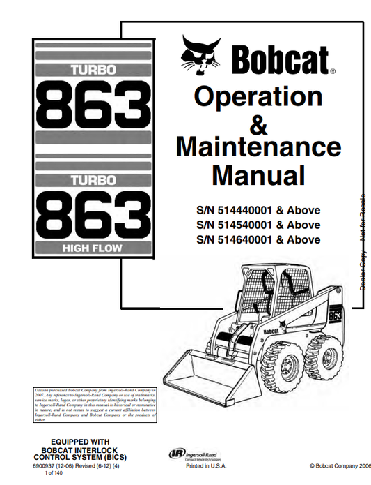 BOBCAT 863 TURBO, 863 TURBO HIGH FLOW OPERATION AND MAINTENANCE MANUAL 6900937 PDF