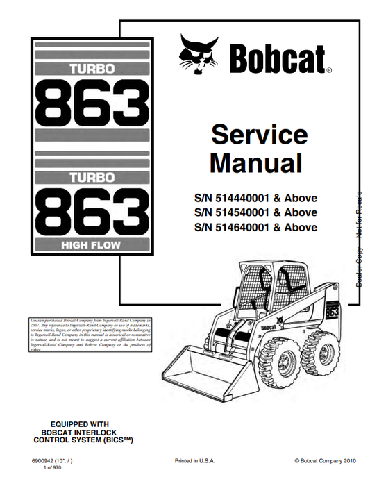 BOBCAT 863 TURBO, 863 TURBO HIGH FLOW SERVICE MANUAL 6900942 PDF