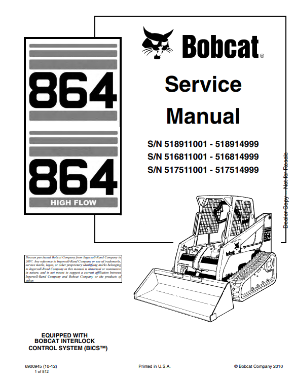 BOBCAT 864, 864 HIGH FLOW SERVICE MANUAL 6900945 PDF
