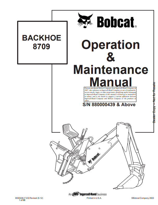 BOBCAT 8709 BACKHOE OPERATION AND MAINTENANCE MANUAL 6900406 PDF