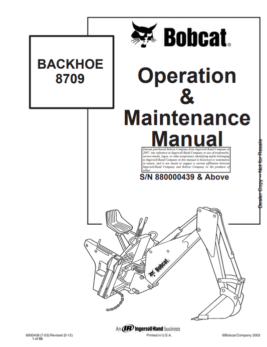 BOBCAT 8709 BACKHOE OPERATION AND MAINTENANCE MANUAL 6900406 PDF