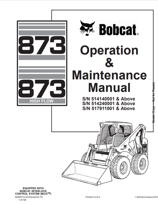 BOBCAT 873, 873 HIGH FLOW OPERATION AND MAINTENANCE MANUAL 6900927 PDF
