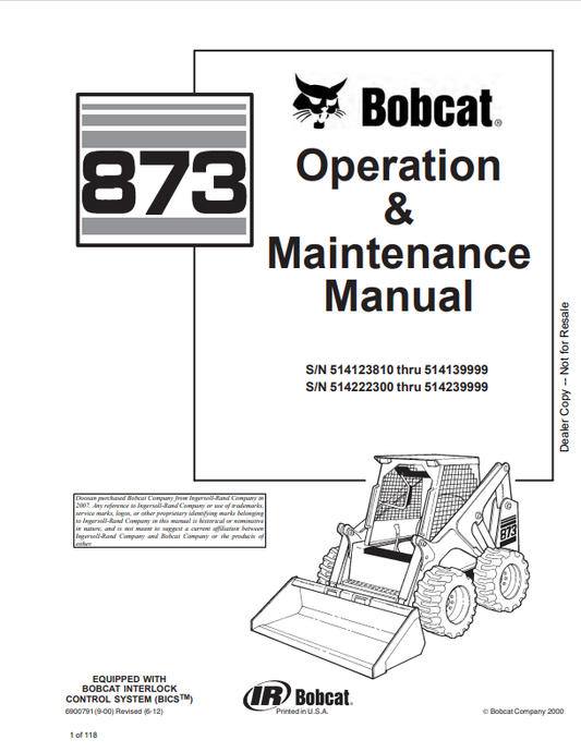 BOBCAT 873 LOADER OPERATION AND MAINTENANCE MANUAL 6900791 PDF