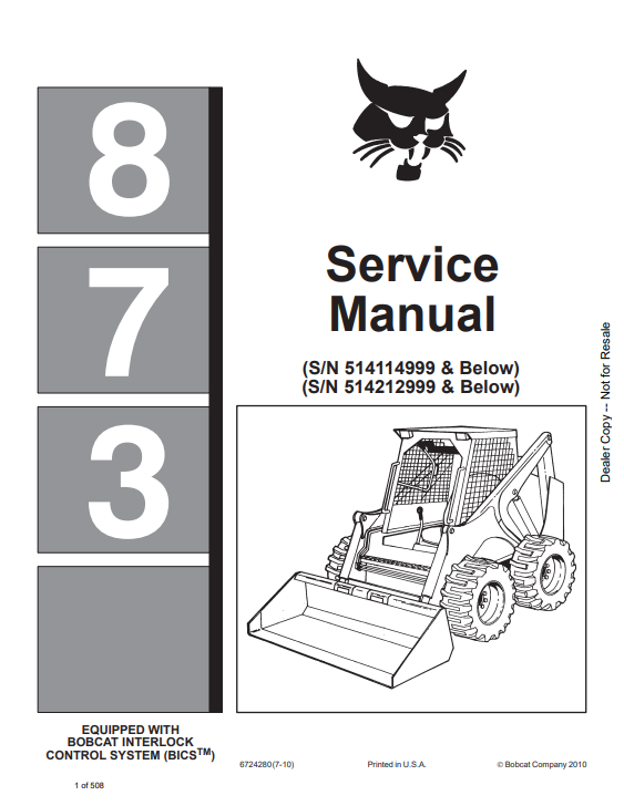 BOBCAT 873 LOADER SERVICE MANUAL 6724280 PDF