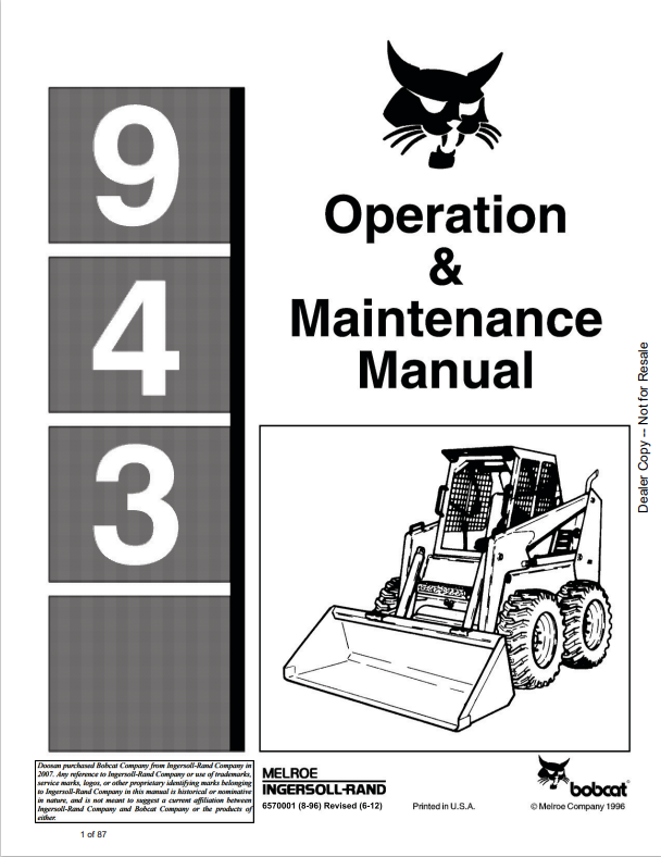 BOBCAT 943 LOADER OPERATION AND MAINTENANCE MANUAL 6570001 PDF