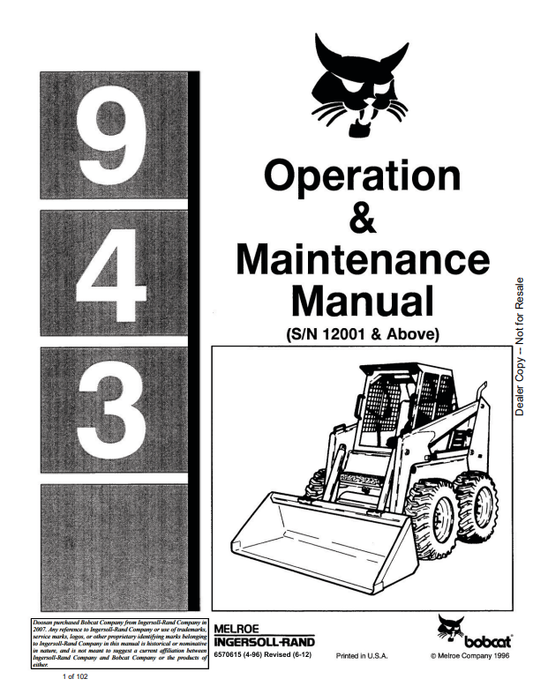 BOBCAT 943 LOADER OPERATION AND MAINTENANCE MANUAL 6570615 PDF