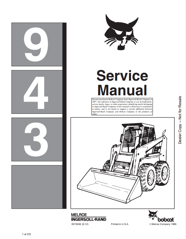 BOBCAT 943 LOADER SERVICE MANUAL 6570008 PDF