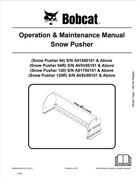BOBCAT 94, 94R, 120, 120R SNOW PUSHER OPERATION AND MAINTENANCE MANUAL 6904233 PDF