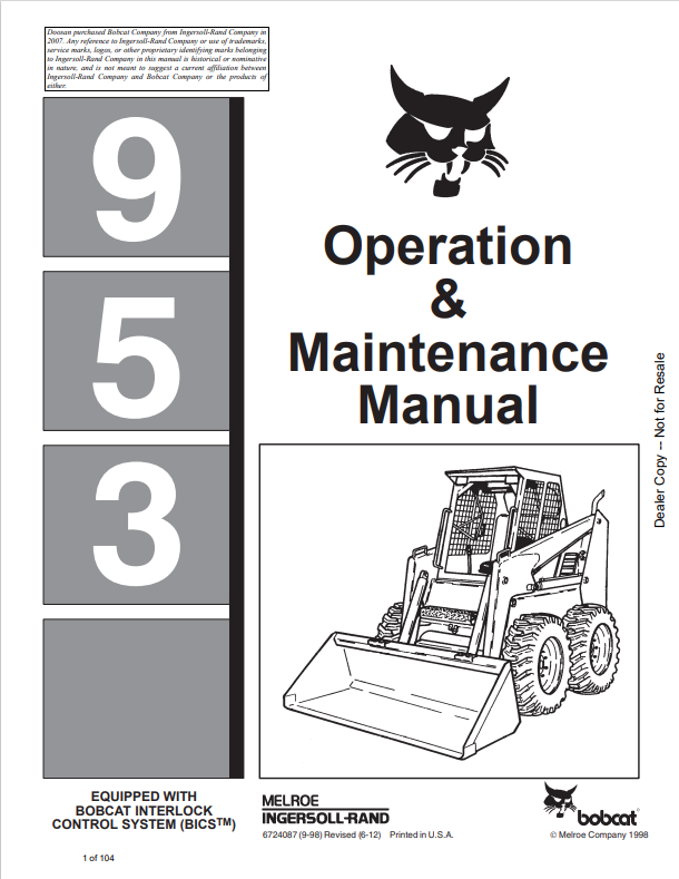 BOBCAT 953 LOADER OPERATION AND MAINTENANCE MANUAL 6724087 PDF
