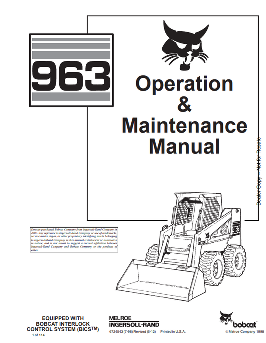BOBCAT 963 LOADER OPERATION AND MAINTENANCE MANUAL 6724543 PDF