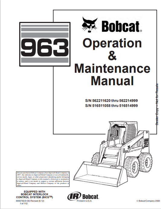 BOBCAT 963 LOADER OPERATION AND MAINTENANCE MANUAL 6900792 PDF
