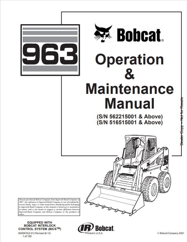 BOBCAT 963 LOADER OPERATION AND MAINTENANCE MANUAL 6900878 PDF