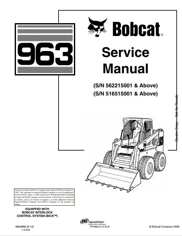BOBCAT 963 LOADER OPERATION AND MAINTENANCE MANUAL 6900988 PDF