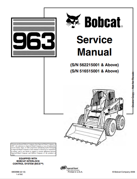BOBCAT 963 LOADER OPERATION AND MAINTENANCE MANUAL 6900988 PDF