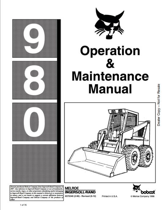BOBCAT 980 LOADER OPERATION AND MAINTENANCE MANUAL 6570340 PDF