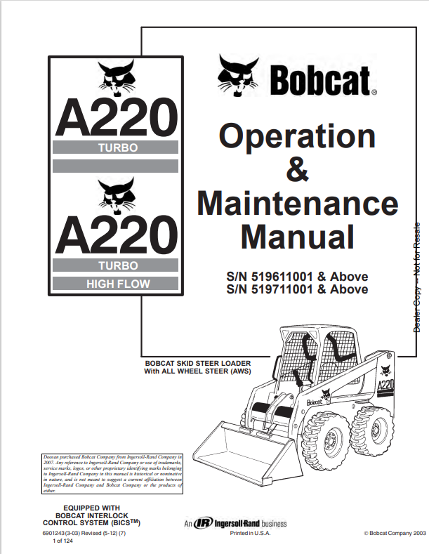 BOBCAT A220 TURBO, A220 TURBO HIGH FLOW OPERATION AND MAINTENANCE MANUAL 6901243 PDF