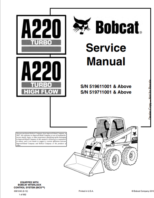 BOBCAT A220 TURBO, A220 TURBO HIGH FLOW SERVICE MANUAL 6901245 PDF