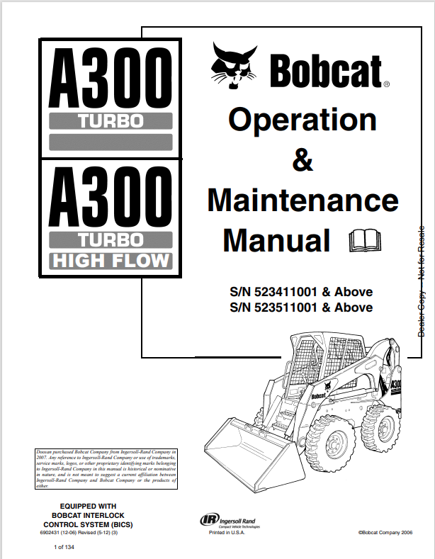 BOBCAT A300 TURBO, A300 TURBO HIGH FLOW OPERATION AND MAINTENANCE MANUAL 6902431 PDF