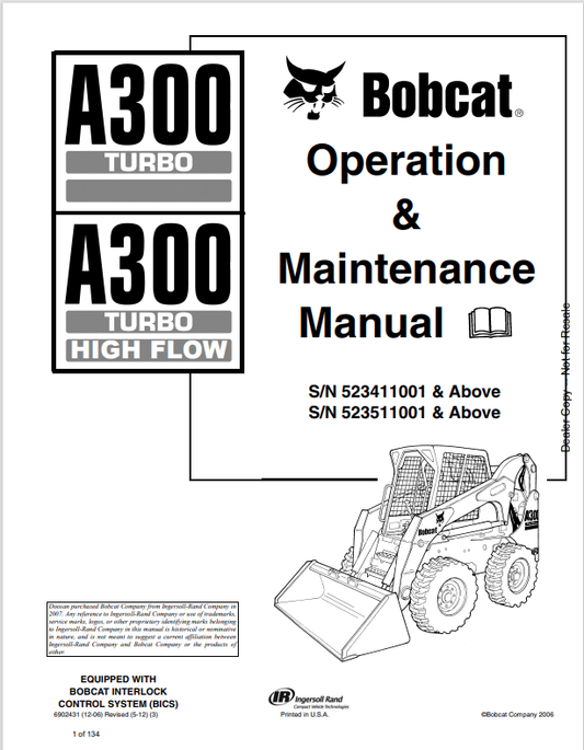 BOBCAT A300 TURBO, A300 TURBO HIGH FLOW OPERATION AND MAINTENANCE MANUAL 6902431 PDF