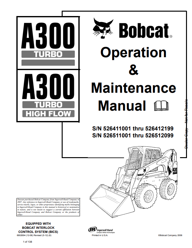 BOBCAT A300 TURBO, A300 TURBO HIGH FLOW OPERATION AND MAINTENANCE MANUAL 6902694 PDF