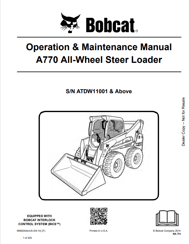 BOBCAT A770 ALL WHEEL STEER LOADER OPERATION AND MAINTENANCE MANUAL 6990244 PDF