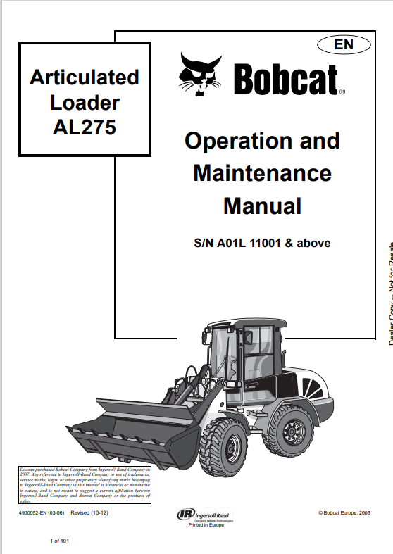 BOBCAT AL275 ARTICULATED LOADER OPERATION AND MAINTENANCE MANUAL 4900052 PDF