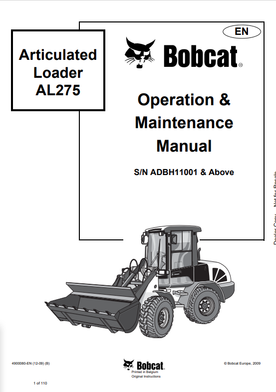 BOBCAT AL275 ARTICULATED LOADER OPERATION AND MAINTENANCE MANUAL 4900080 PDF