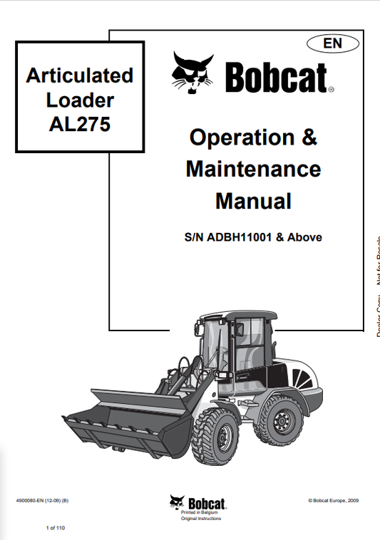 BOBCAT AL275 ARTICULATED LOADER OPERATION AND MAINTENANCE MANUAL 4900080 PDF