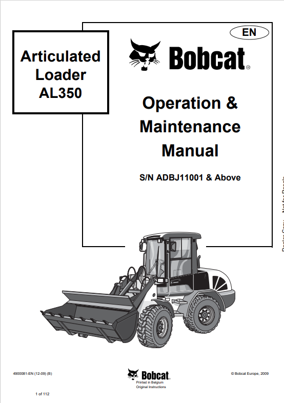 BOBCAT AL350 ARTICULATED LOADER OPERATION AND MAINTENANCE MANUAL 4900081 PDF