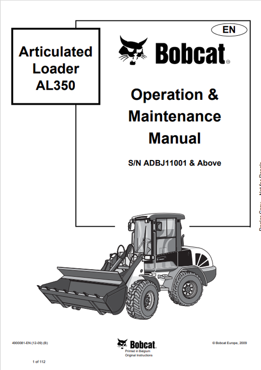 BOBCAT AL350 ARTICULATED LOADER OPERATION AND MAINTENANCE MANUAL 4900081 PDF