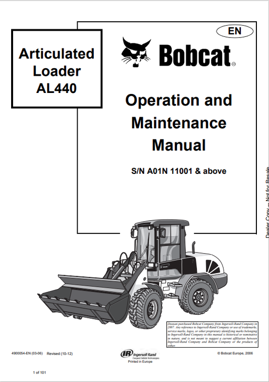 BOBCAT AL440 ARTICULATED LOADER OPERATION AND MAINTENANCE MANUAL 4900054 PDF