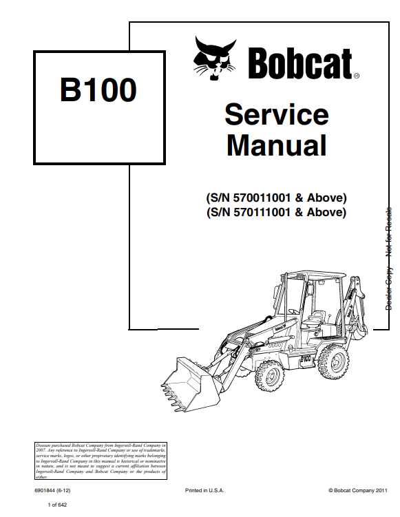 BOBCAT B100 BACKHOE LOADER SERVICE MANUAL 6901844 PDF