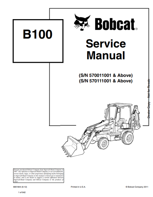 BOBCAT B100 BACKHOE LOADER SERVICE MANUAL 6901844 PDF