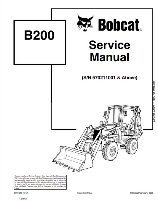 BOBCAT B200 BACKHOE LOADER SERVICE MANUAL 6901848 PDF