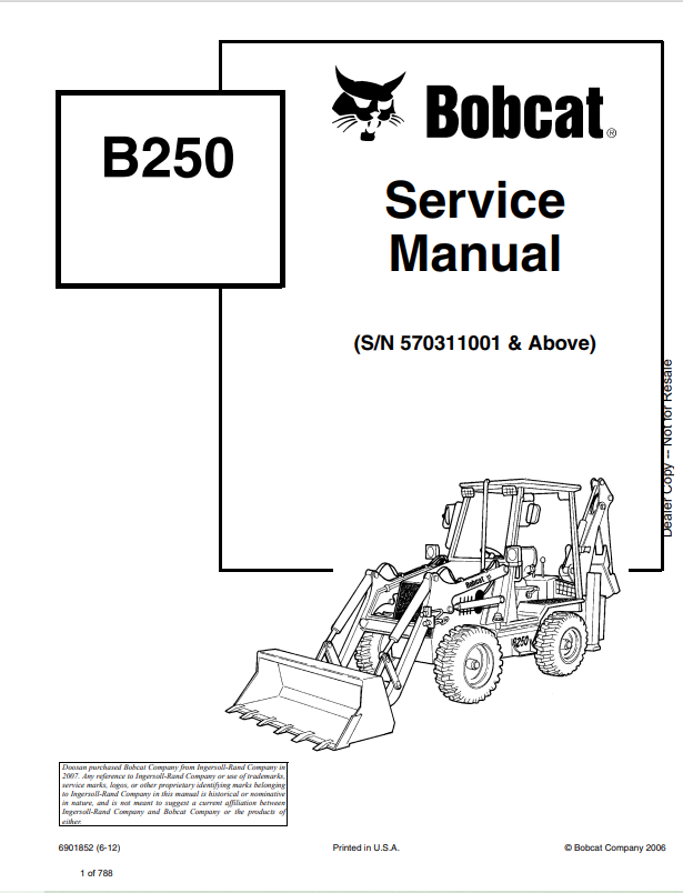 BOBCAT B250 BACKHOE LOADER SERVICE MANUAL 6901852 PDF
