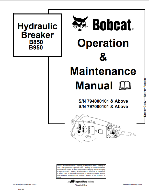 BOBCAT B850, B950 HYDRAULIC BREAKER OPERATION AND MAINTENANCE MANUAL 6901134 PDF