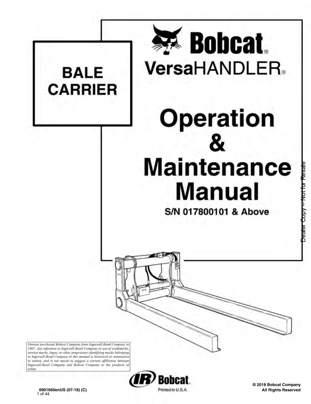 BOBCAT BALE CARRIER OPERATION AND MAINTENANCE MANUAL 6901660 PDF