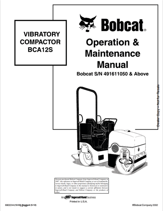 BOBCAT BCA12S VIBRATORY COMPACTOR OPERATION AND MAINTENANCE MANUAL 6902244 PDF