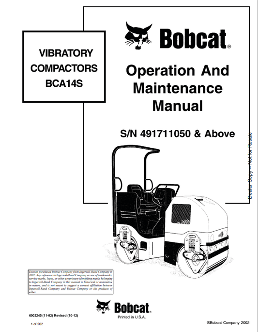 BOBCAT BCA14S VIBRATORY COMPACTOR OPERATION AND MAINTENANCE MANUAL 6902245 PDF