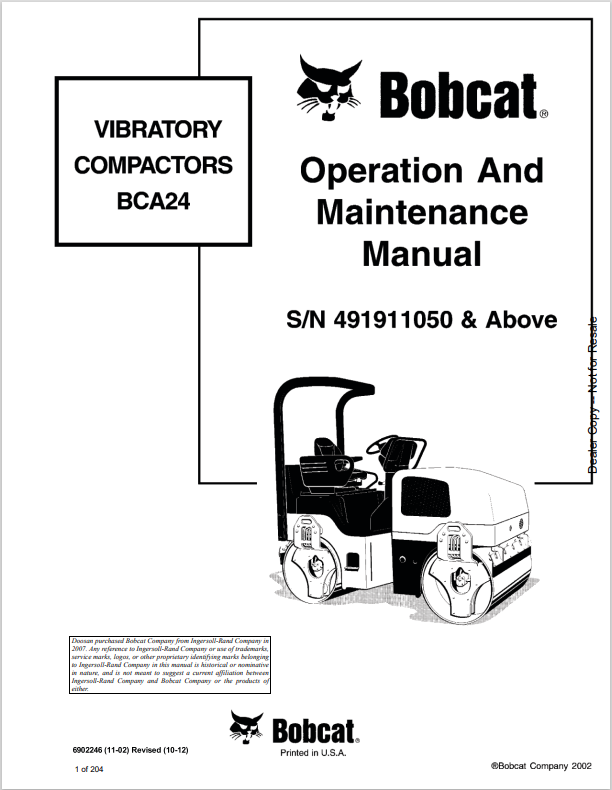BOBCAT BCA24 VIBRATORY COMPACTOR OPERATION, MAINTENANCE AND PARTS MANUAL 6902246 PDF