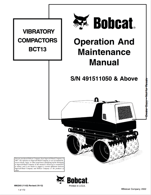 BOBCAT BCT13 VIBRATORY COMPACTORS OPERATION AND MAINTENANCE MANUAL 6902243 PDF