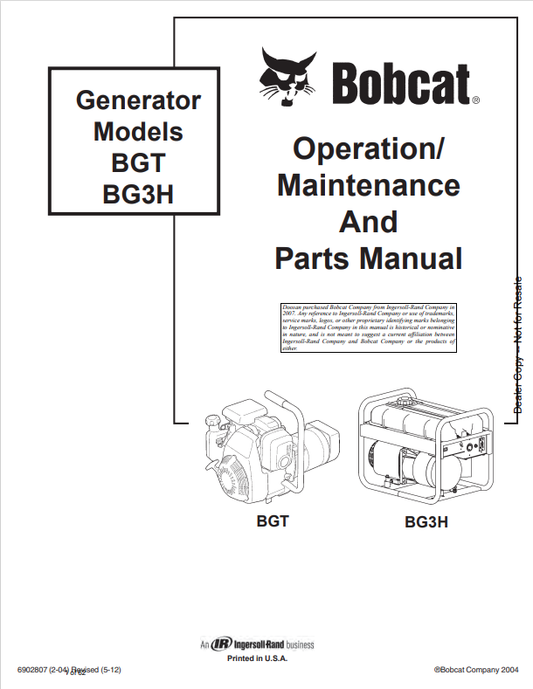 BOBCAT BGT, BG3H GENERATOR OPERATION, MAINTENANCE AND PARTS MANUAL 6902807 PDF
