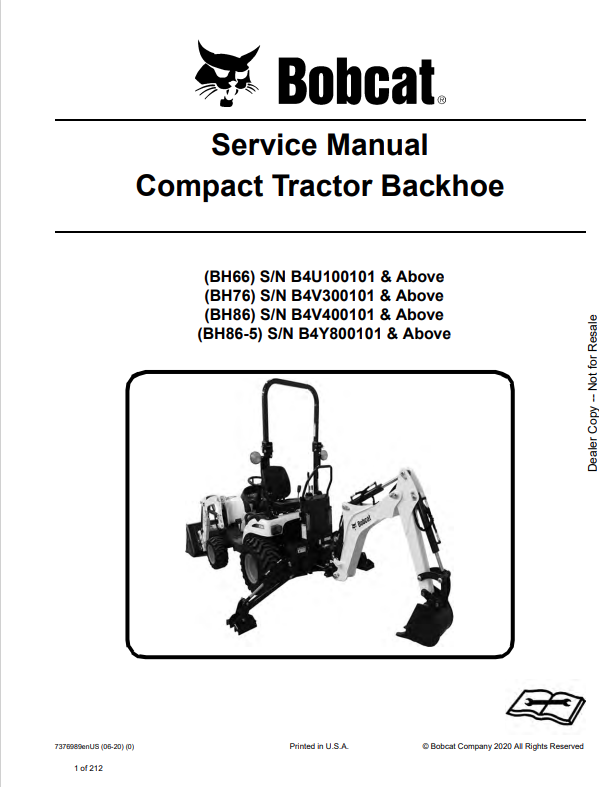 BOBCAT BH66, BH76, BH86, BH86-5 COMPACT TRACTOR BACKHOE SERVICE MANUAL 7376989 PDF