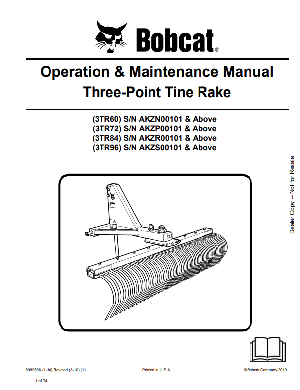 BOBCAT BOBCAT 3TR60, 3TR72, 3TR84, 3TR96 THREE POINT TINE RAKE OPERATION AND MAINTENANCE MANUAL 6989536 PDF