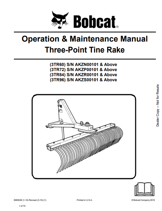 BOBCAT BOBCAT 3TR60, 3TR72, 3TR84, 3TR96 THREE POINT TINE RAKE OPERATION AND MAINTENANCE MANUAL 6989536 PDF