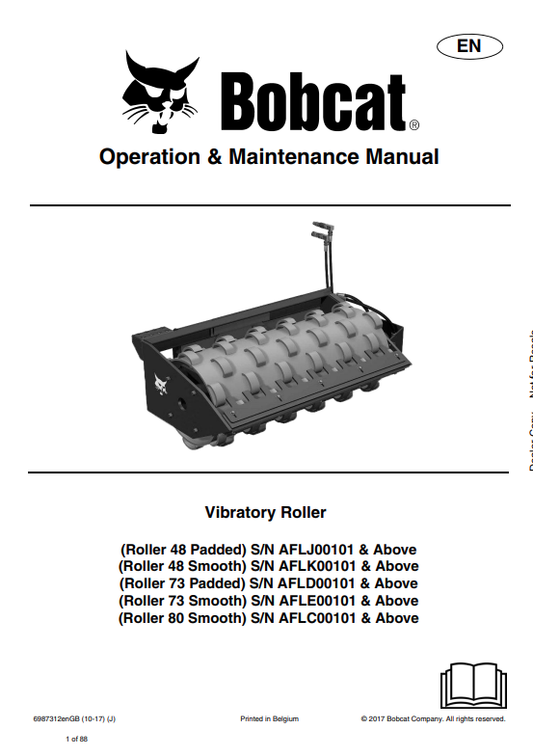 BOBCAT BOBCAT ROLLER 48 PADDED, ROLLER 48 SMOOTH, ROLLER 73 SMOOTH, ROLLER 80 SMOOTH VIBRATORY ROLLER OPERATION AND MAINTENANCE MANUAL 6987312 PDF