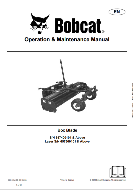 BOBCAT BOX BLADE, BOX BLADE LASER OPERATION AND MAINTENANCE MANUAL 6901435 PDF